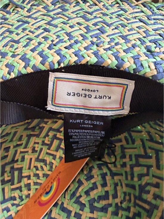 Kurt Geiger London Woven Straw Sun Hat Blue Green Fray Trim Eagle NWT main image 4